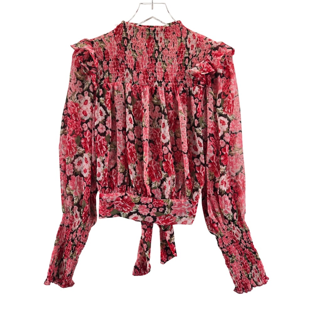 Bardot Remi Floral Blouse Pink Gardenia Smocked Mock Neck Tie Back Top US 6 S - Picture 4 of 11